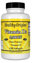 Healthy Origins, Vitamina D3, 5.000 UI, 120 Géis Macios
